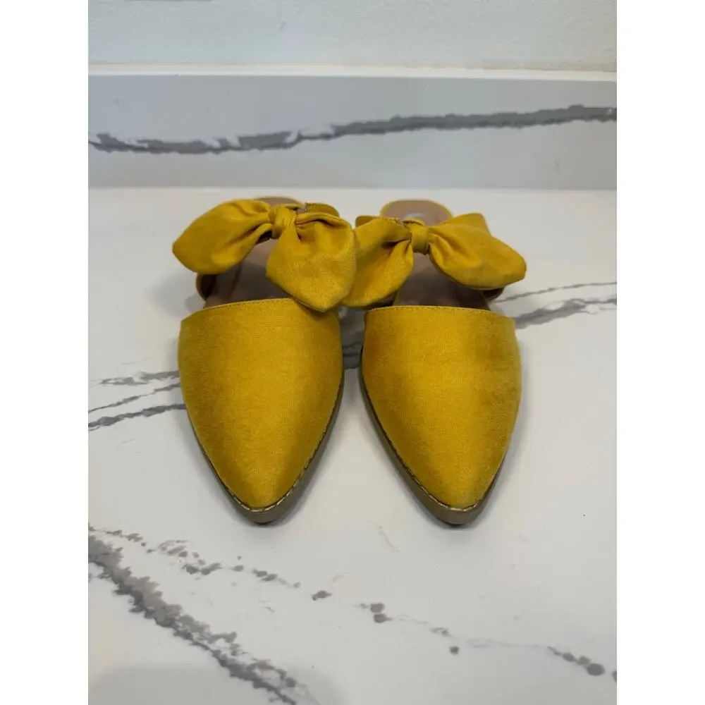 Women's Telulah Bow Slip On Flat Mules Yellow Faux Suede‎ Size 10
